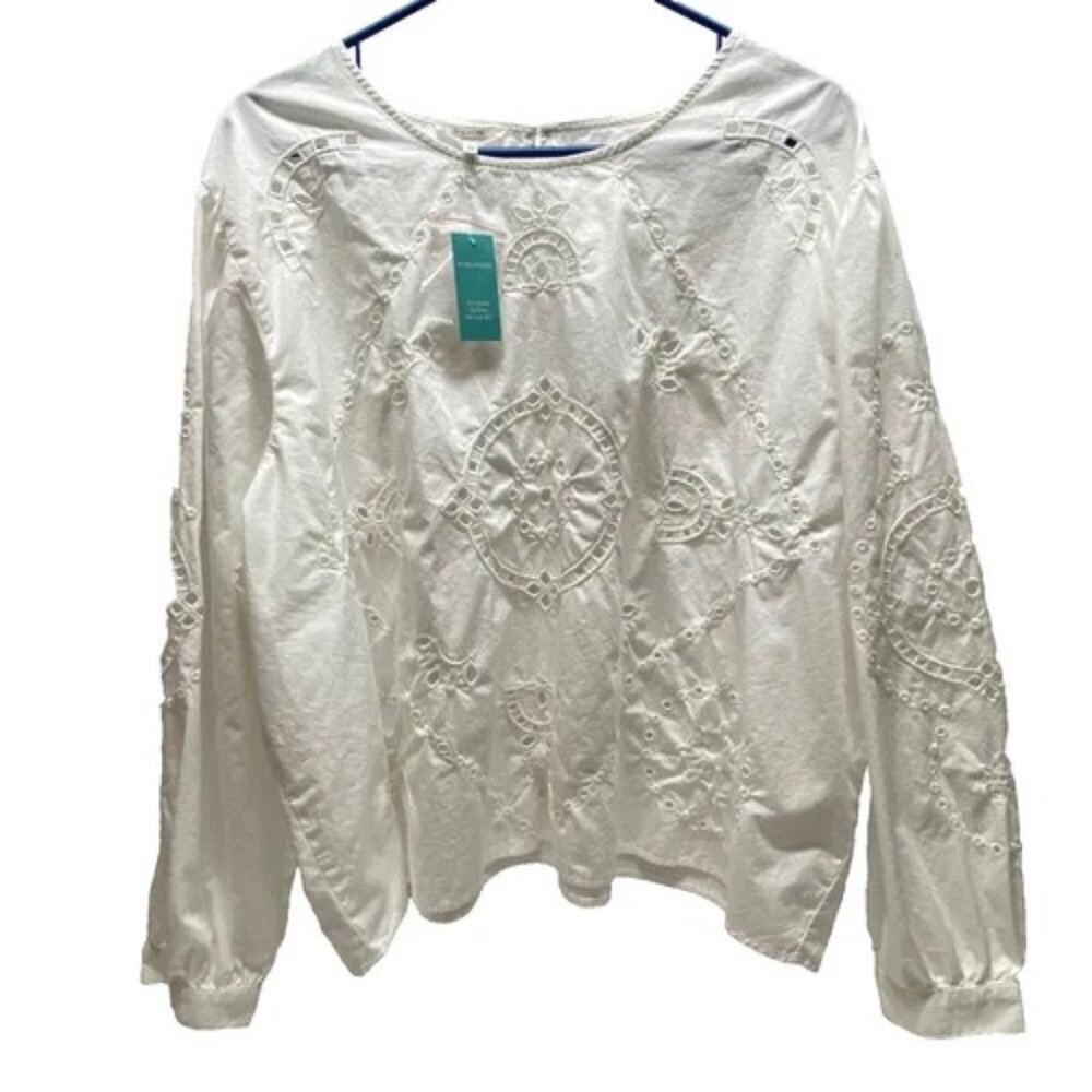 Maurices Eyelet Blouse Women's 1X White Linen Long Sleeve Boho Summer Top NWT